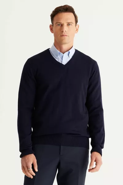 الرجال الأزرق الداكن المضادة للبيلينغ المضادة للبيلينغ القياسية صالح عادي قطع الخامس الرقبة متماسكة سترة