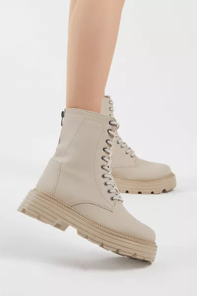 Donne crema pelle Poly suola posteriore cerniera dettagliata comoda Fit stivali stringati