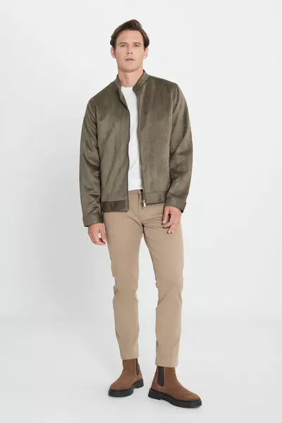 الرجال الكاكي القياسية صالح عادي قطع الوقوف طوق من جلد الغزال سترة معطف