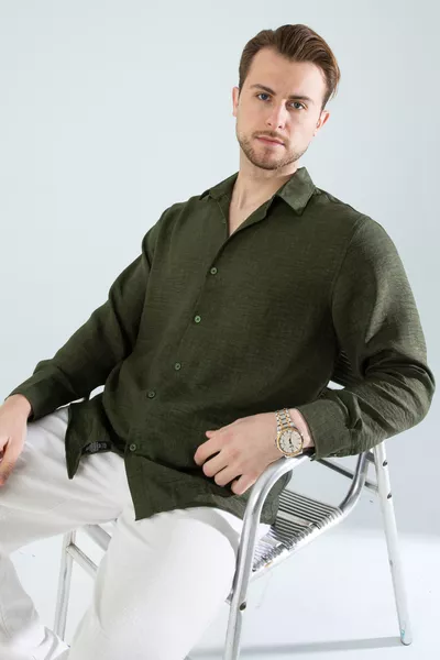 Erkek Keten Dokulu Oversize Haki Erkek Gömlek