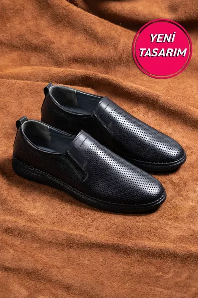 حذاء رجالي من الجلد الطبيعي، حذاء يومي، حذاء صيفي، حذاء لوفر، جلد أسود