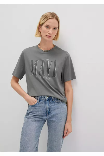 Logo Baskılı Gri Tişört Regular Fit / Normal Kesim 
