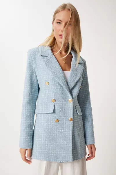 Women's Sky Blue Buttoned Blazer Tweed Jacket 