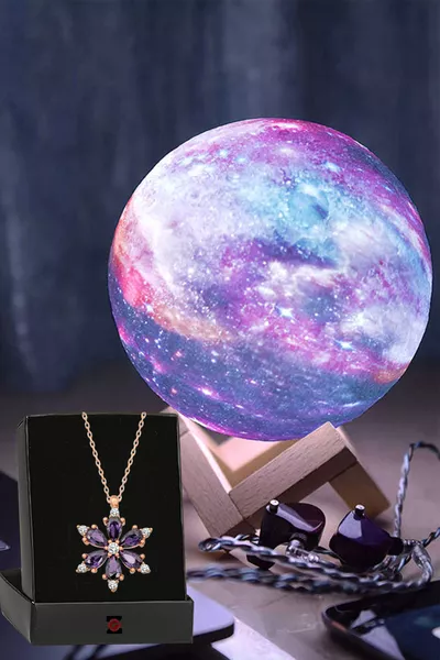 Lampe de nuit 3D avec support en bois, planète galaxie colorée, lune et collier fleur de lotus camélia