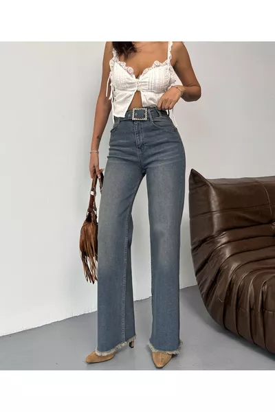 جينز بالازو نسائي خصر عالي تأثير باهت عتيق بحزام، كشكش عند الخصر وكشكش عند الأطراف