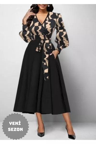 فستان نسائي متوسط الطول بأكمام طويلة وياقة متصالبة من قماش الغوص كريب