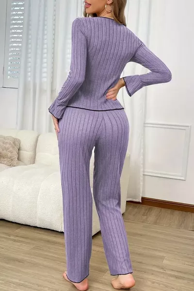 طقم بيجامة موسمي بتفاصيل شريط أرجواني من القطن