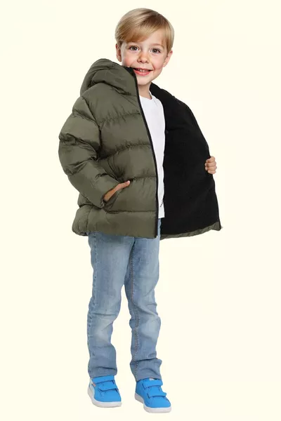 Boys' Khaki Padded Winter Coat with Faux Fur Hood, Waterproof and Wind-Resistant