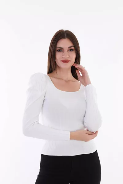 Dames Witte Mouw Plissé Met Tucks Prinsessenmouw Vierkante Hals Blouse Trui