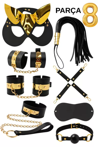 Fantasy Set with Whip, Collar, Plush Handcuffs, Mask 8-Piece Set Gold Belt