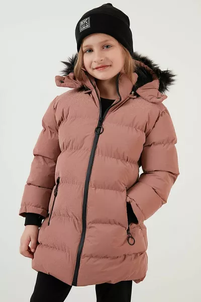 Meisjes winterjas met smalle pasvorm, afneembare capuchon, gevoerd met pluche en kraag van imitatiebont, maat 5