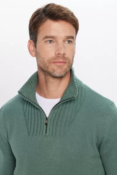 Men's Slim Fit Ribbed Zip-Up Green High Collar Sweater