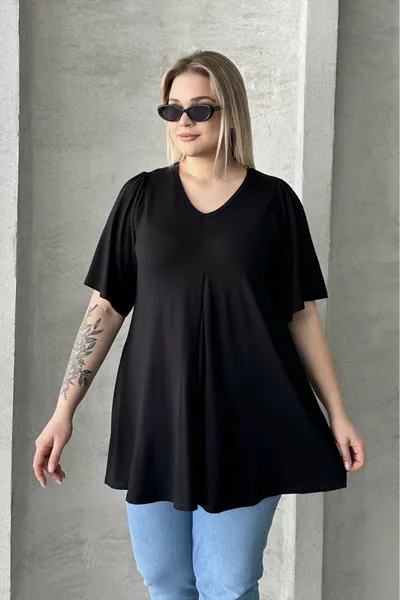 Plus Size V-Neck Solid Asymmetric Cut Stretch Blouse 