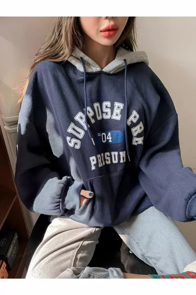 Women's Navy Suppose Printed Oversized Sweatshirt
