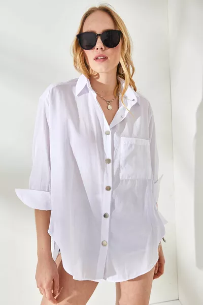 Damen Weiße Seiten Knopf Detail Oversize gewebtes Hemd 