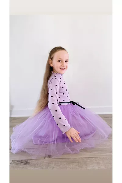Linda Long Sleeve Baby Girl Children's Princess Puffy Tutu Dress Polka Dot Stretchy Lycra Lilac Kuromi Purple