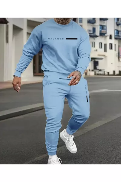 Boys' Baby Blue Balance Printed Oversized Crew Neck Tracksuit