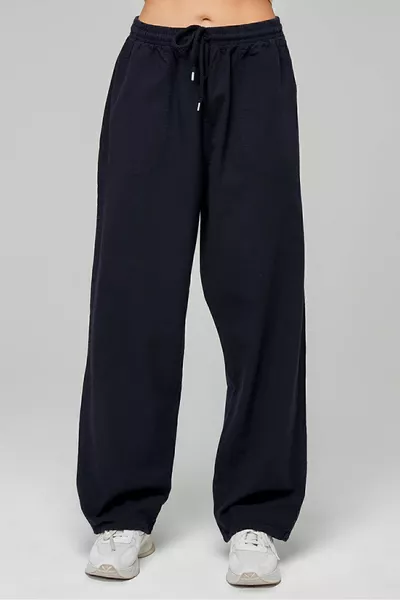 Pantaloni da donna blu navy a vita alta in lino elasticizzato % cotone