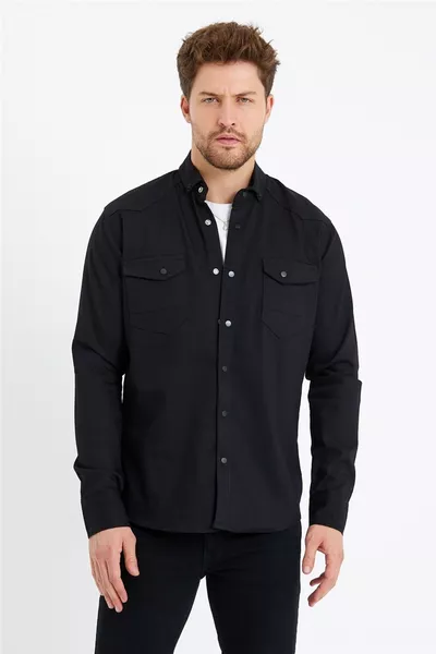 Men's Black Double Pocket Snap Button Slim Fit Denim Shirt - s