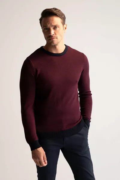 Slim Fit Crew Neck Patch Sleeve Detail Knit Sweater