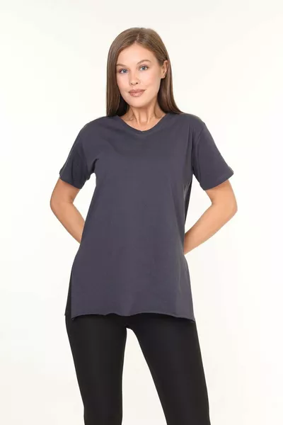 % Cotton Women's Charcoal V-Neck Asymmetrical Side-Slit Jersey Cotton Knit T-Shirt Tunic