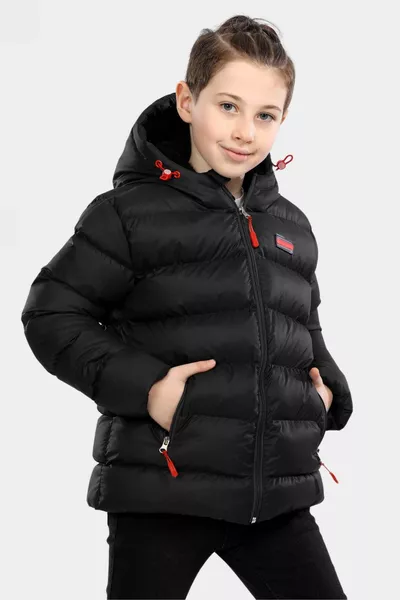 Boys' Black Waterproof Winter Thick Hooded Coat with Fleece Lining