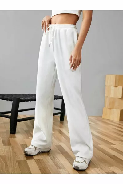 Hellbeige Winterliche Dicke Sweatpants mit Sherpa-Futter, Hoher Taille, Weitem Bein, Kordelzug und Versteckten Taschen