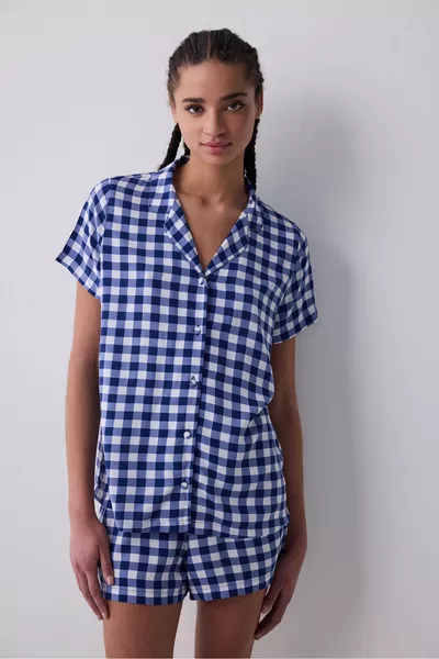 Blue Gingham Shirt and Shorts Navy Pajama Set