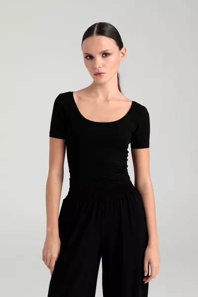 Ultra Soft Oval Neck Short Sleeve Blouse Black
