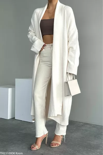 Women's Cream Shawl Collar Long Knit Cardigan