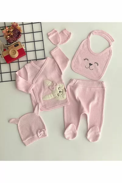 Set 5 pezzi per neonato con orsacchiotto ricamato in tessuto organico Allegri Bebè, uscita dall'ospedale, rosa