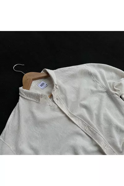 قميص رجالي واسع بياقة قميص بأكمام طويلة من الكتان للصيف