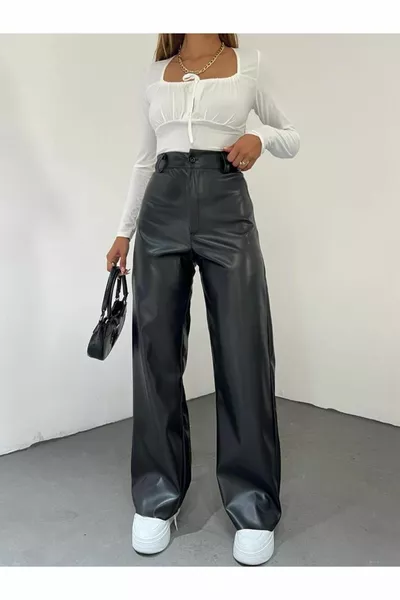 Дамски кожени панталони с висока талия и широк крачол