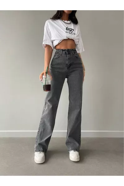 Vien Power Likralı Füme Kar Süper Yüksek Bel Salaş Paça Denim Kot Pantolon
