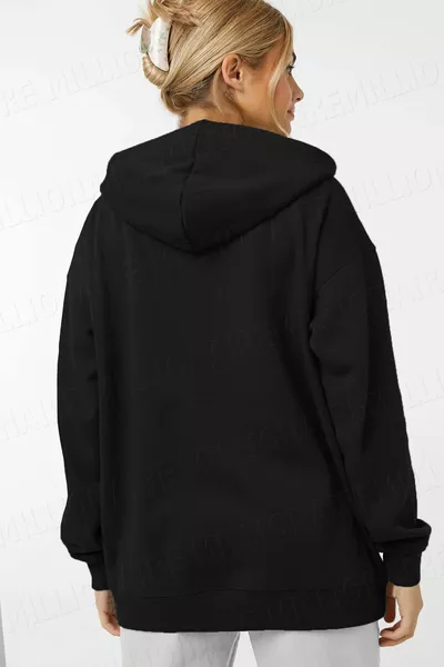 Sweat à capuche zippé pour femme, noir, en polaire trois fils, style kangourou, oversize et décontracté