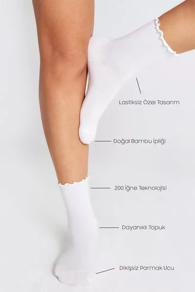 Бамбуковые женские белые носки без резинки с оборкой, бесшовные, набор 3 штуки, не оставляют следов / не сдавливают