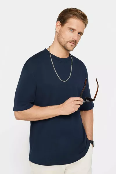 T-shirt unisexe oversize coupe large  % coton tissu doux col rond basique bleu marine