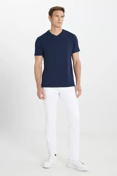 Мужская футболка с V-образным вырезом, темно-синяя, обтягивающая, узкий крой, % хлопок