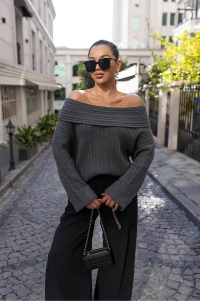 Degaje Madonna Yaka Fitilli Triko Kazak Antrasit