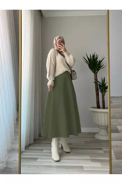 Women's Puff Scuba Modest Khaki Flared Skirt