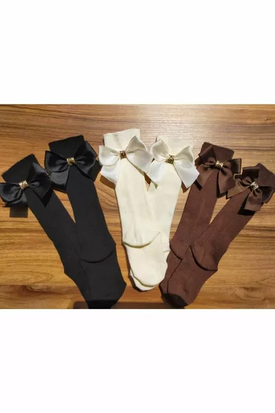 جوارب أطفال تحت الركبة بثلاثة قطع مع فيونكة