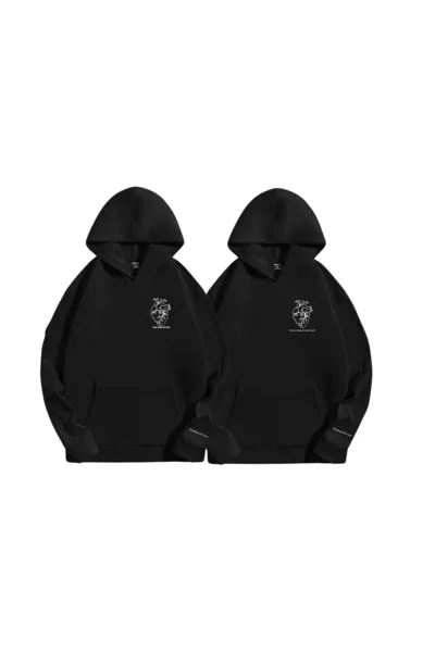 سويت شيرت بغطاء رأس مطبوع عليه قلب للأزواج، أسود، مقاس مزدوج للجنسين