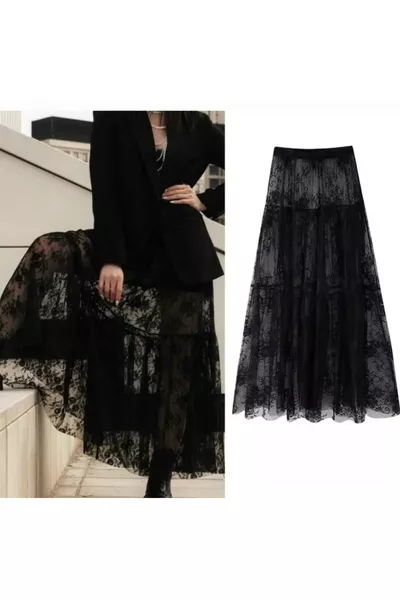 تنورة دانتيل سوداء طويلة، تنورة دانتيل مستوردة طويلة، تنورة دانتيل قصيرة الداخلية، تنورة قوطية