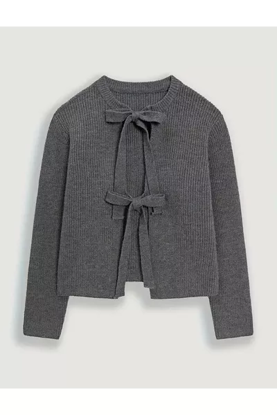 Kadın Antrasit Kurdele Kemer Detaylı Selanik Örgü Triko Hırka