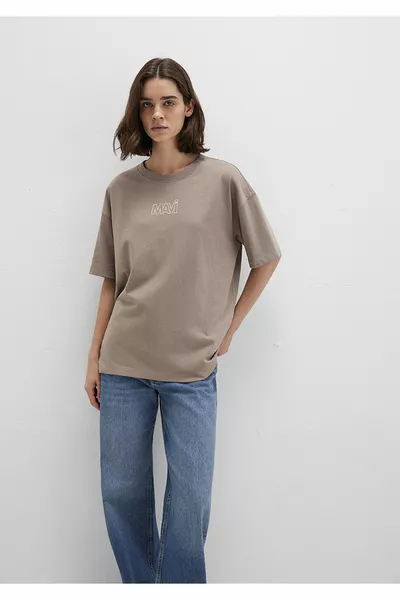 T-shirt Beige Oversize / Taglio Larga con Logo Stampato 