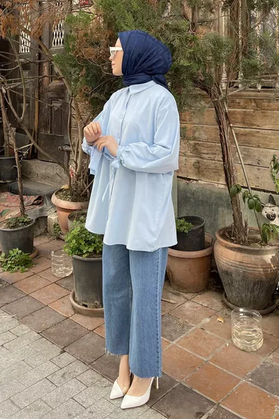 Shirt with Sleeve Details Oversized Shirt Baby Blue
