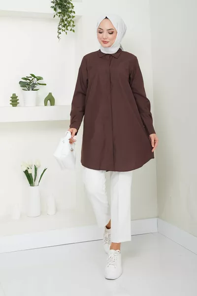 Women's Brown Terikoton Hidden Button Boyfriend Modest Shirt