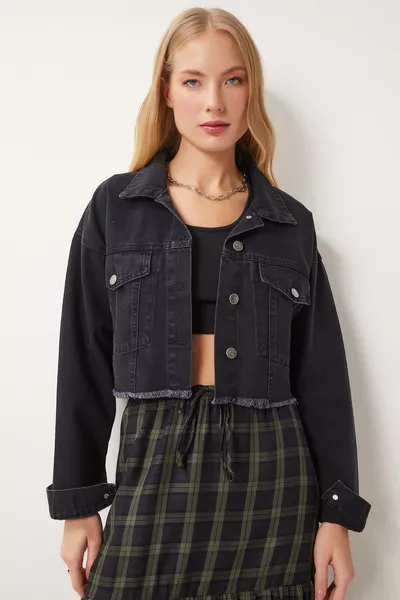 Women's Black Tassel Detail Denim Crop Jacket