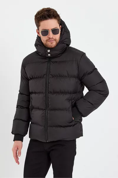 Herren Schwarze Wasser- und Winddichte Kapuzen-Wintersteppjacke & Mantel & Parka - 