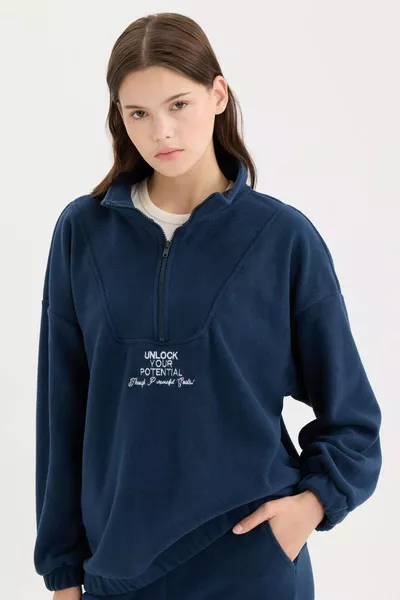 Oversize Weit geschnittenes Sweatshirt aus Polar Fleece mit Reißverschluss, Stehkragen und Stickerei WN